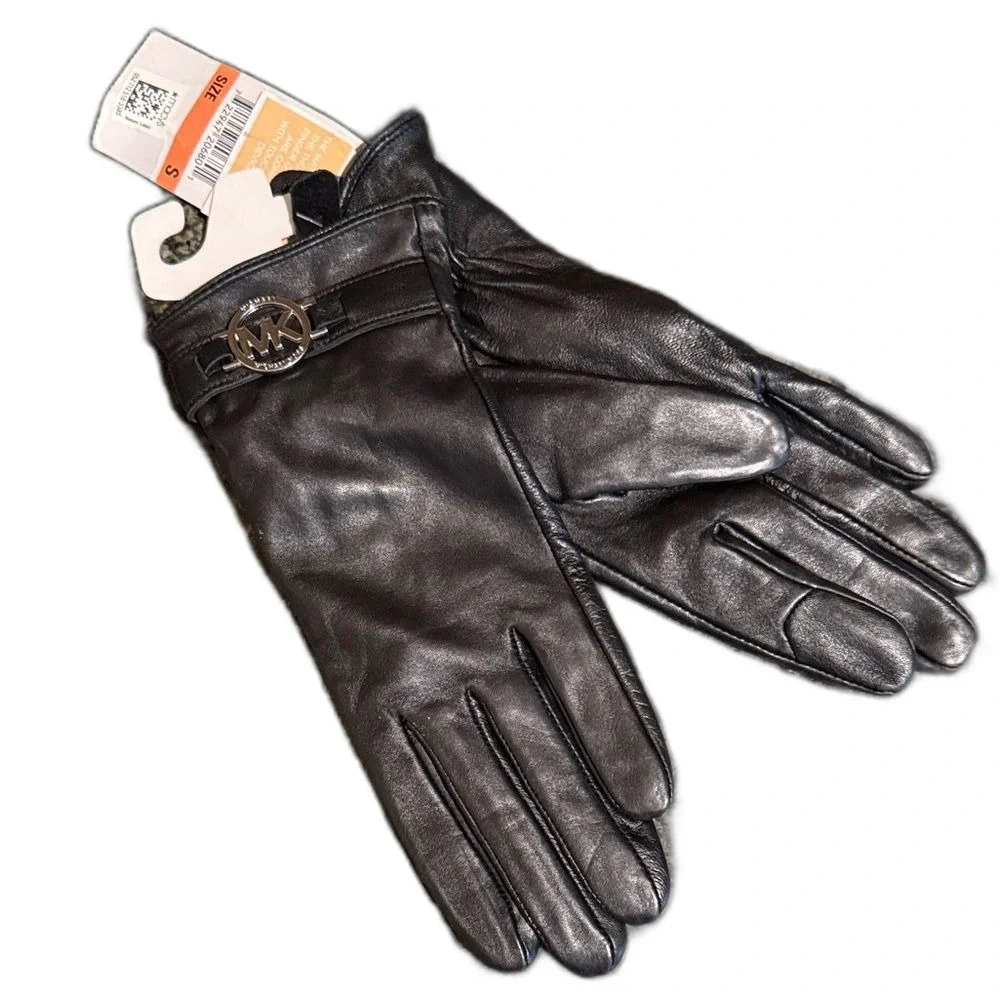 Michael Kors Black Leather Touch Tip Gloves with Logo Accent